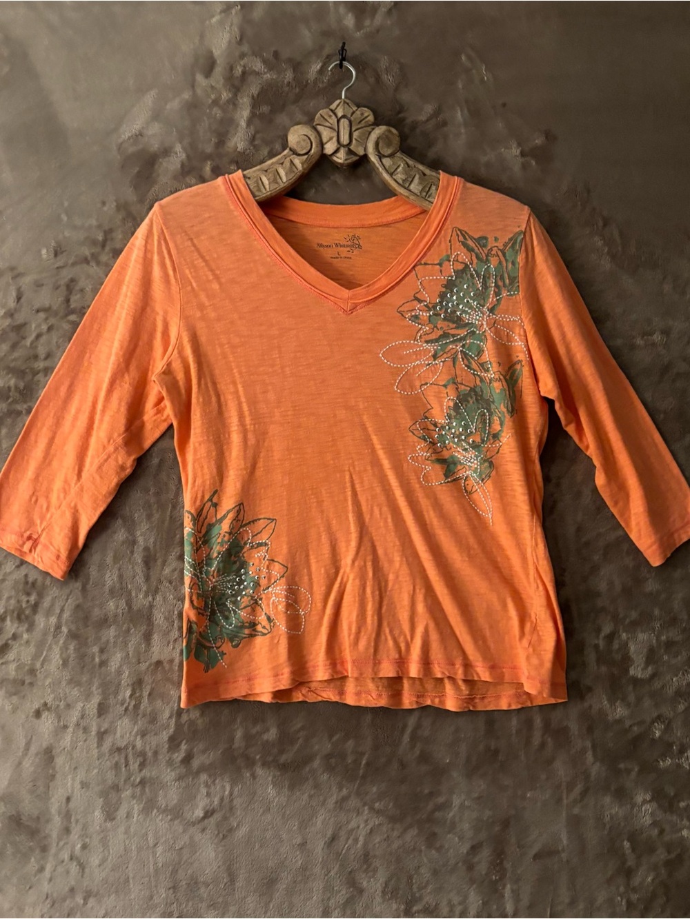 Allyson Whitmore Orange V-Neck Floral Embellished Long Sleeve Top Women’s Size L